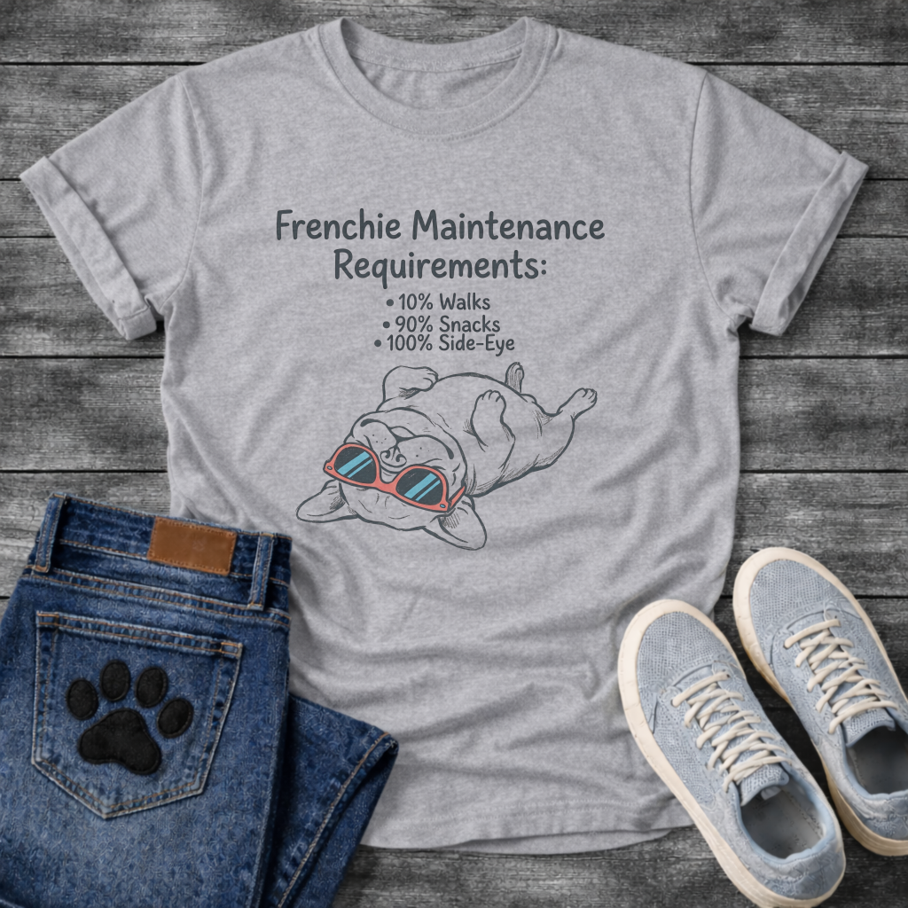 French Bulldog lying upside down wearing sunglasses Frenchie Maintenance Requirements 10% Walks 90% Snacks 100% Side-Eye graphic tee