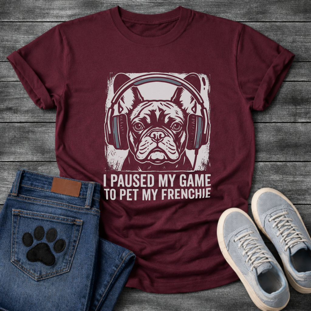 French Bulldog gaming headphones stamp print graphic tee, white ink linocut illustration