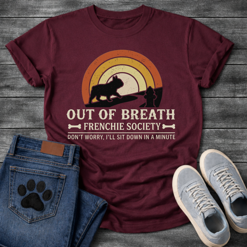 Out of Breath Frenchie Society retro rainbow sunset t-shirt sage funny French Bulldog pet lover apparel