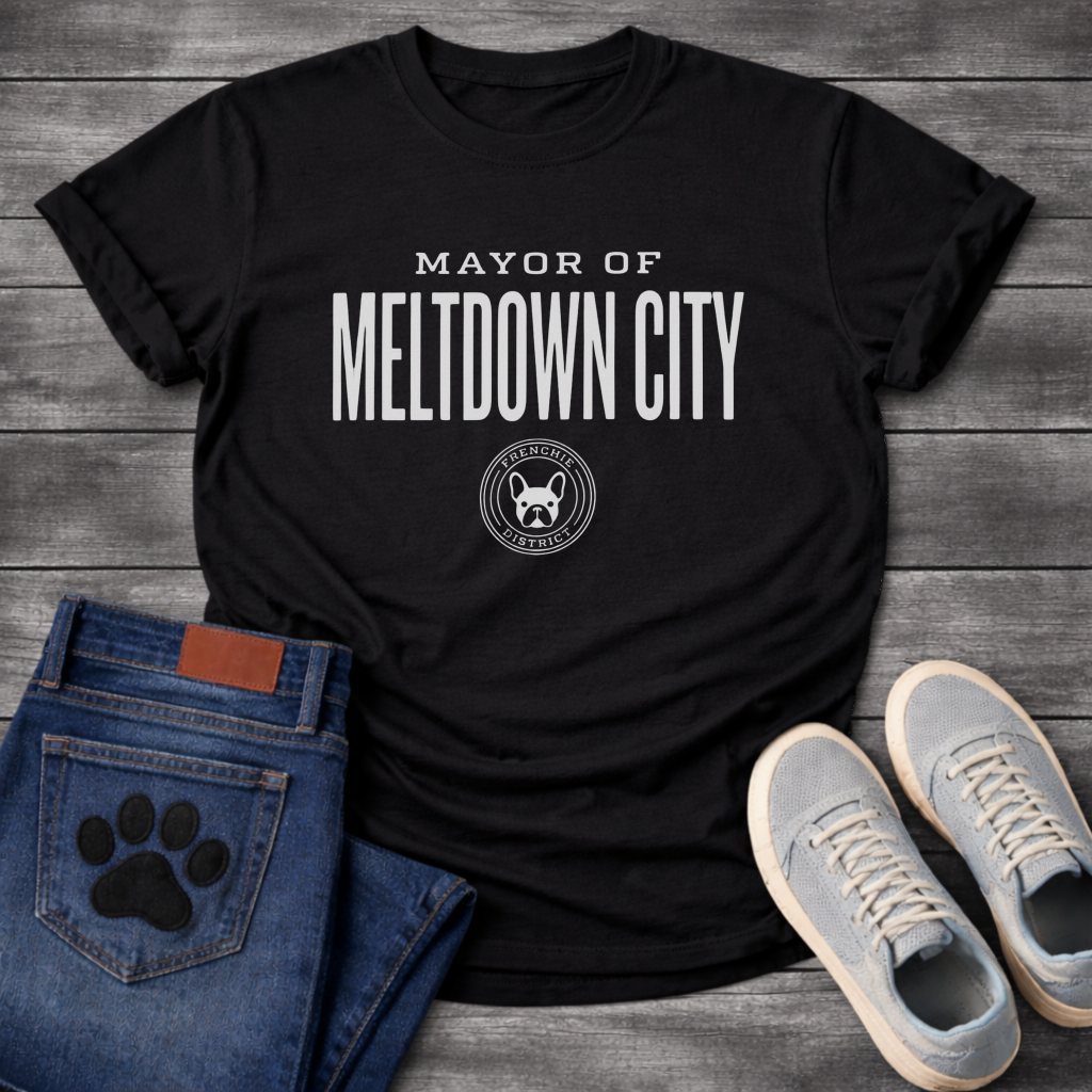 Mayor of Meltdown City French Bulldog graphic t-shirt white text