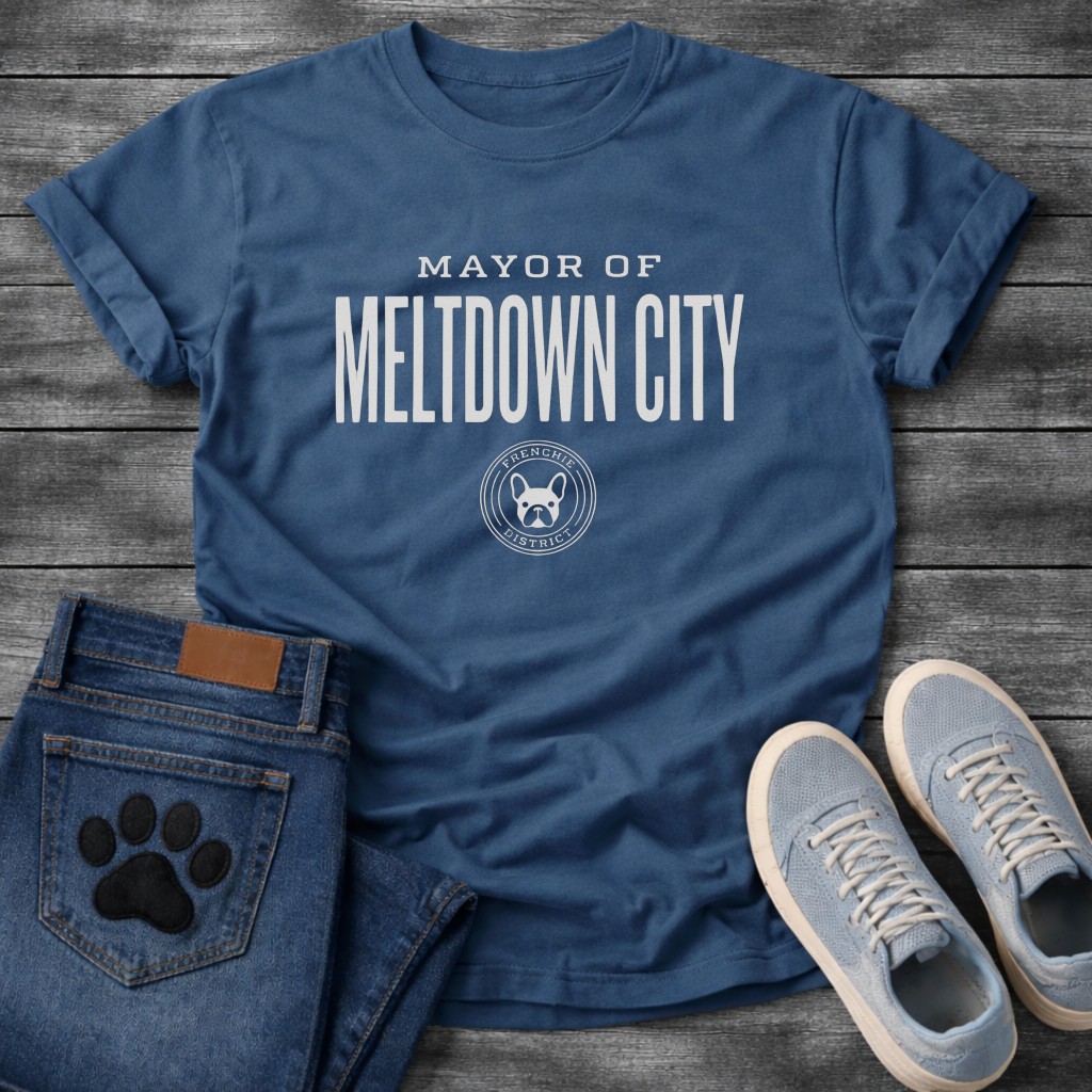 Mayor of Meltdown City French Bulldog graphic t-shirt white text