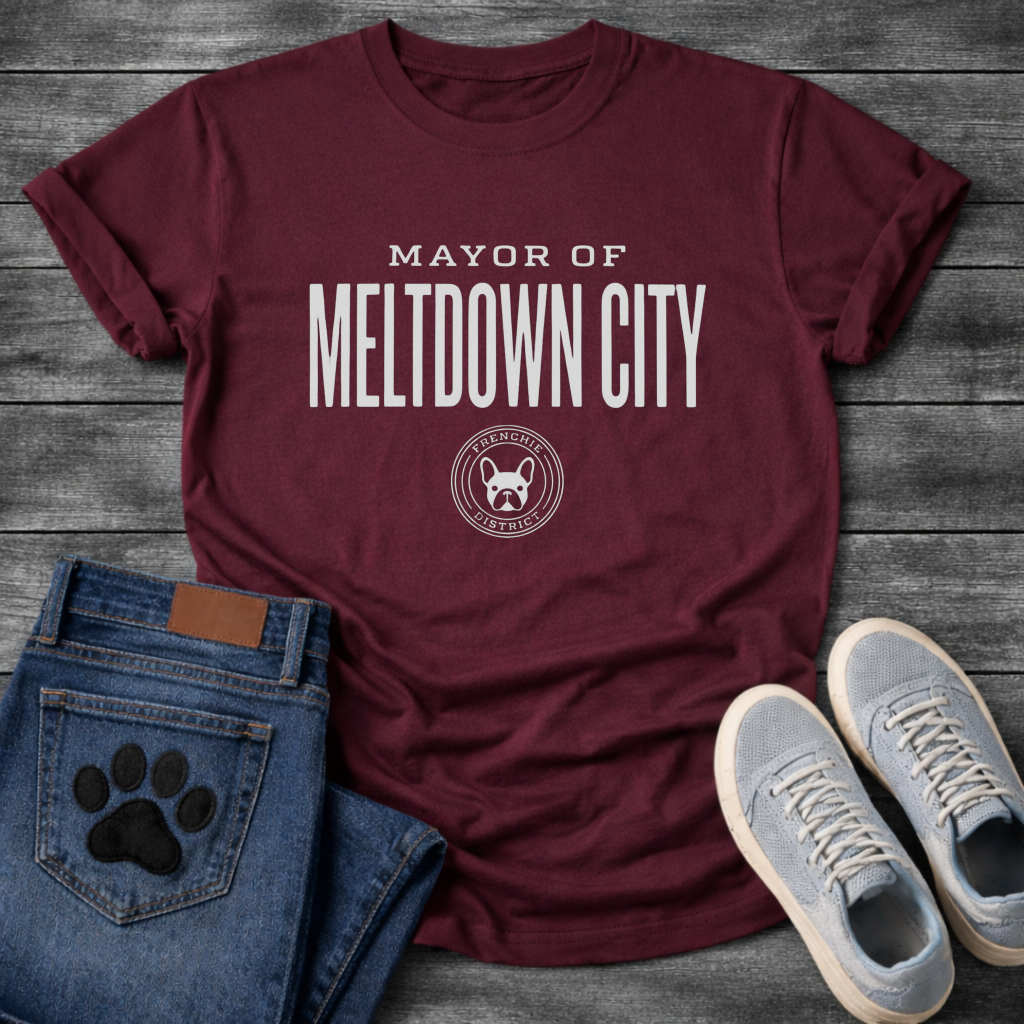Mayor of Meltdown City French Bulldog graphic t-shirt white text