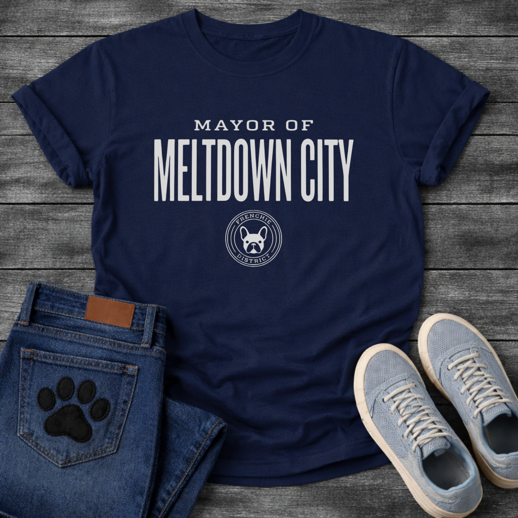 Mayor of Meltdown City French Bulldog graphic t-shirt white text