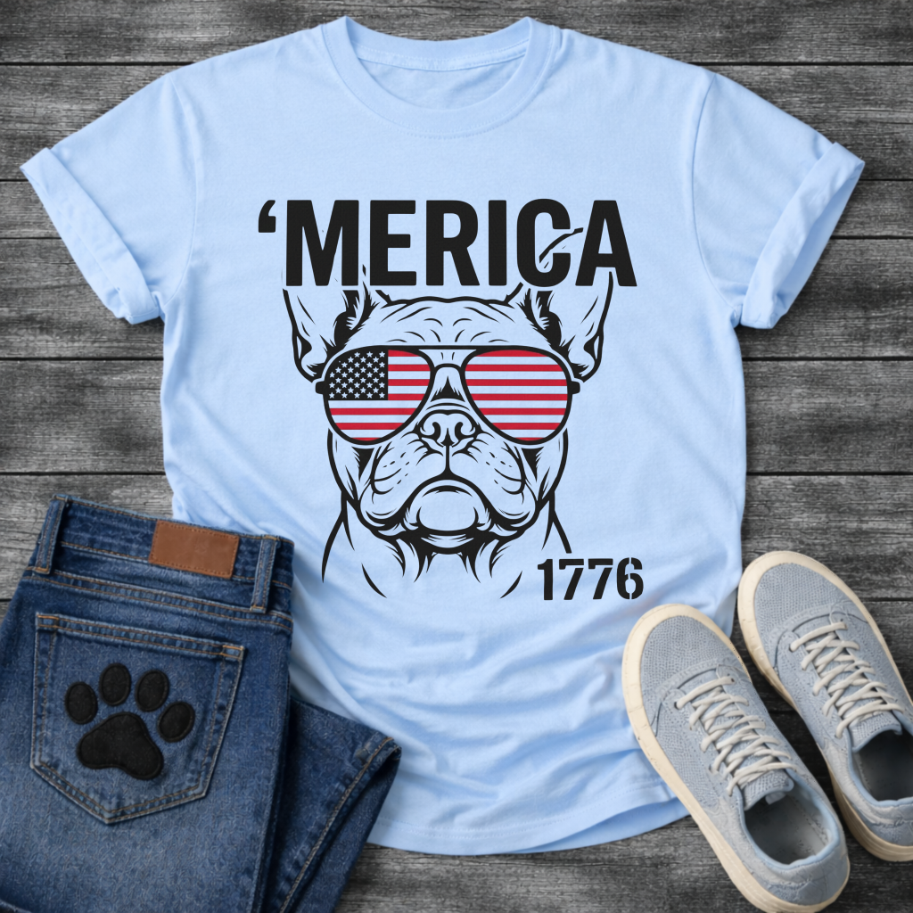 French Bulldog t-shirt with bold 'Merica text above a detailed Frenchie face wearing American flag aviator sunglasses, 1776 text bottom right, black and red patriotic graphic on warm sand tee