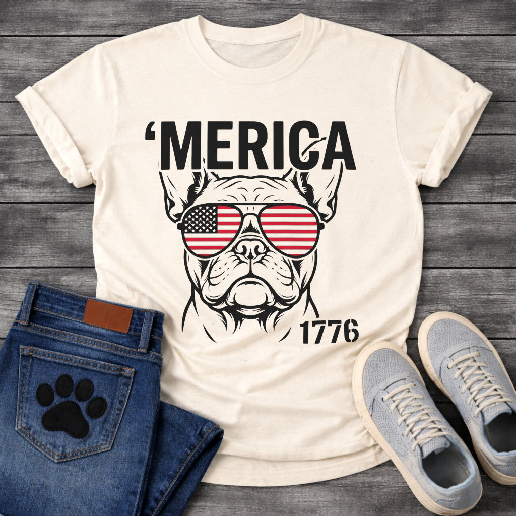 French Bulldog t-shirt with bold 'Merica text above a detailed Frenchie face wearing American flag aviator sunglasses, 1776 text bottom right, black and red patriotic graphic on warm sand tee
