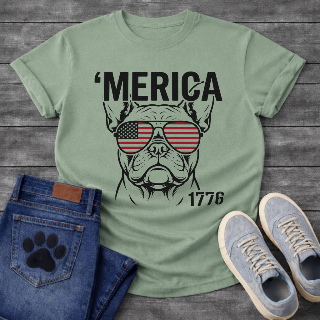 French Bulldog t-shirt with bold 'Merica text above a detailed Frenchie face wearing American flag aviator sunglasses, 1776 text bottom right, black and red patriotic graphic on warm sand tee