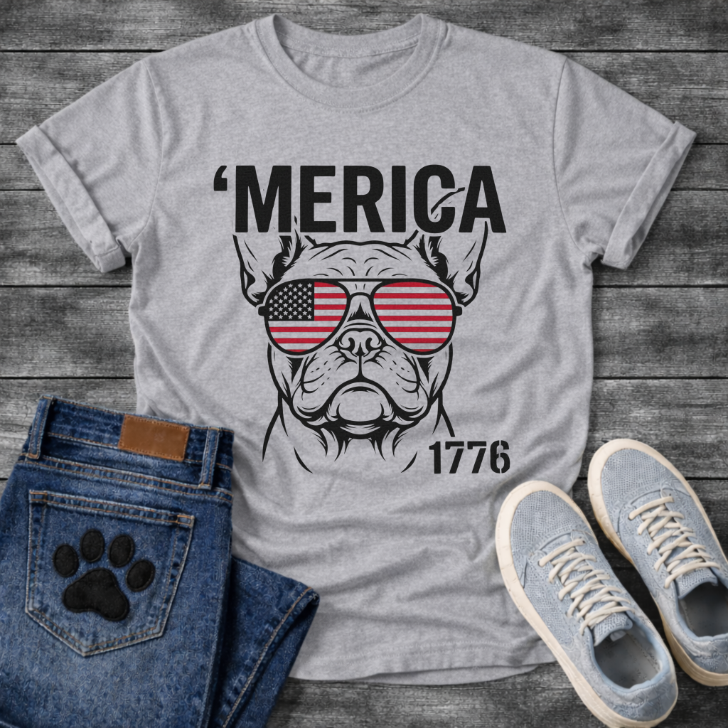 French Bulldog t-shirt with bold 'Merica text above a detailed Frenchie face wearing American flag aviator sunglasses, 1776 text bottom right, black and red patriotic graphic on warm sand tee