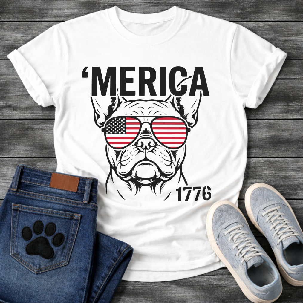 French Bulldog t-shirt with bold 'Merica text above a detailed Frenchie face wearing American flag aviator sunglasses, 1776 text bottom right, black and red patriotic graphic on warm sand tee