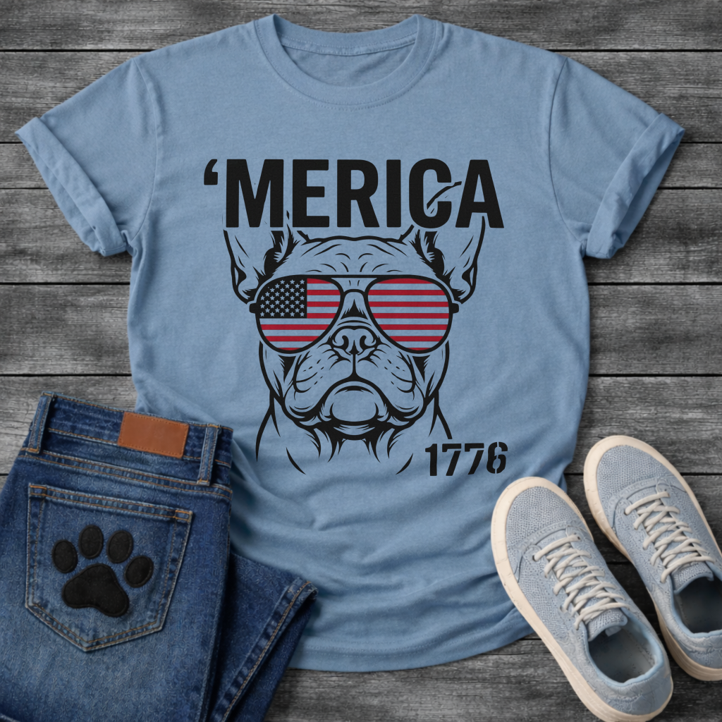 French Bulldog t-shirt with bold 'Merica text above a detailed Frenchie face wearing American flag aviator sunglasses, 1776 text bottom right, black and red patriotic graphic on warm sand tee