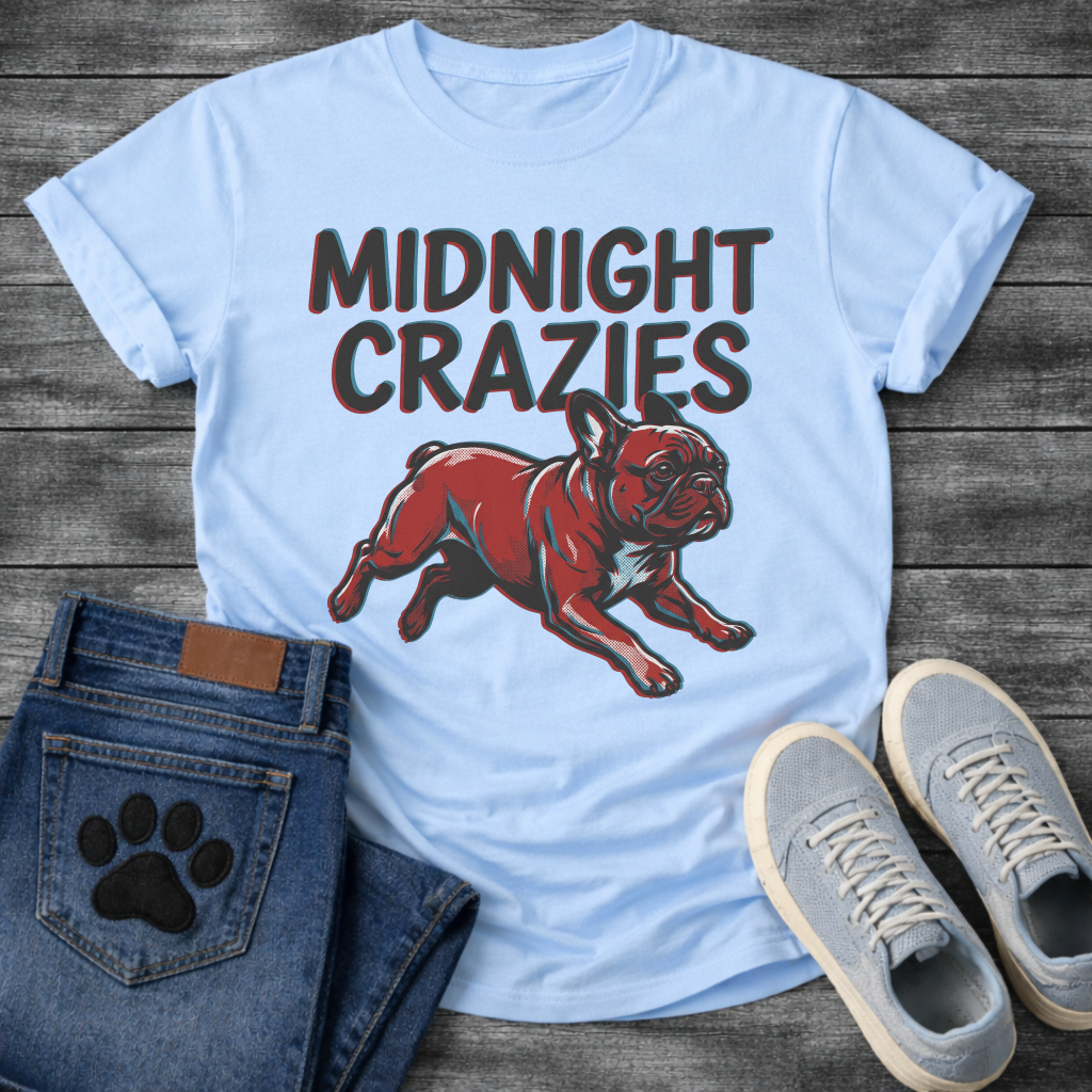 French Bulldog t-shirt with bold retro shadow typography reading Midnight Crazies above a halftone Frenchie running at full speed in deep red and slate blue, vintage circus style graphic

