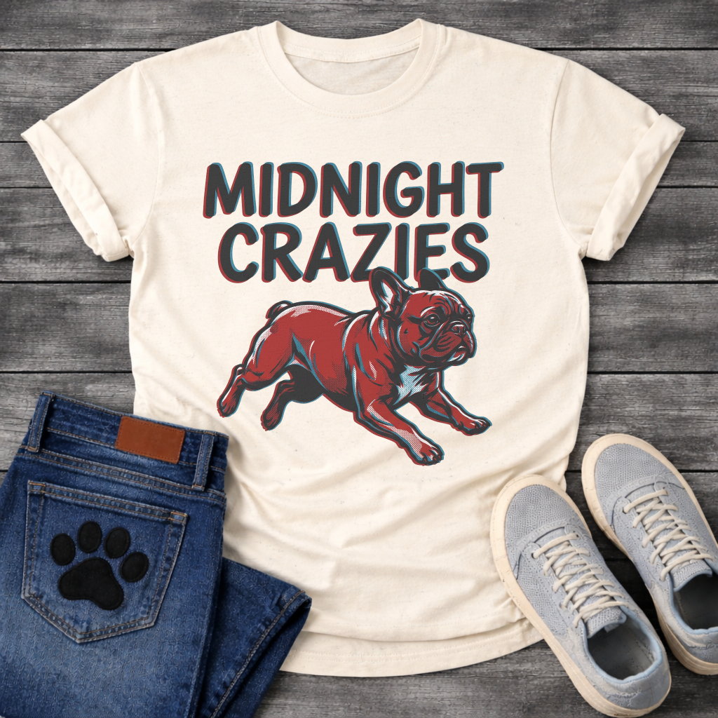 French Bulldog t-shirt with bold retro shadow typography reading Midnight Crazies above a halftone Frenchie running at full speed in deep red and slate blue, vintage circus style graphic
