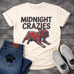 French Bulldog t-shirt with bold retro shadow typography reading Midnight Crazies above a halftone Frenchie running at full speed in deep red and slate blue, vintage circus style graphic
