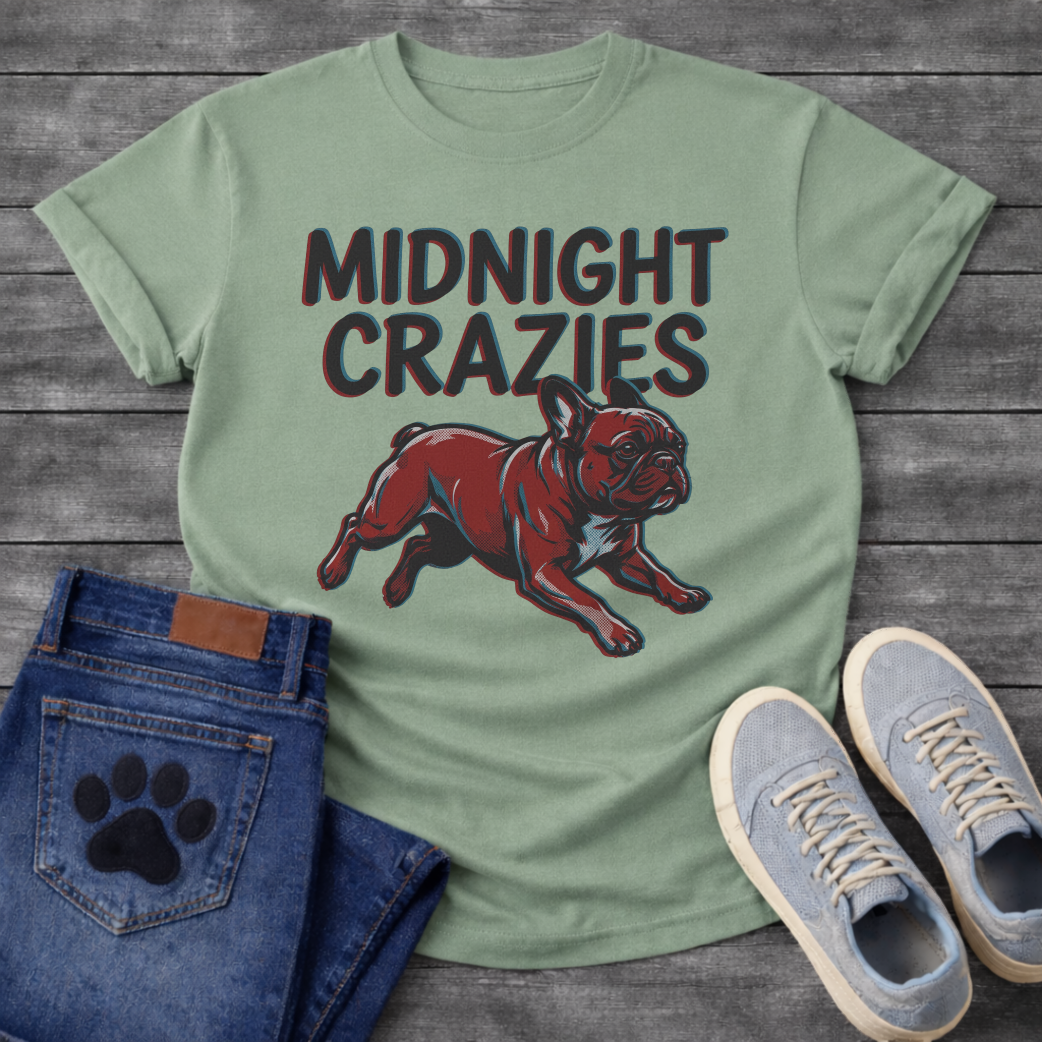 French Bulldog t-shirt with bold retro shadow typography reading Midnight Crazies above a halftone Frenchie running at full speed in deep red and slate blue, vintage circus style graphic
