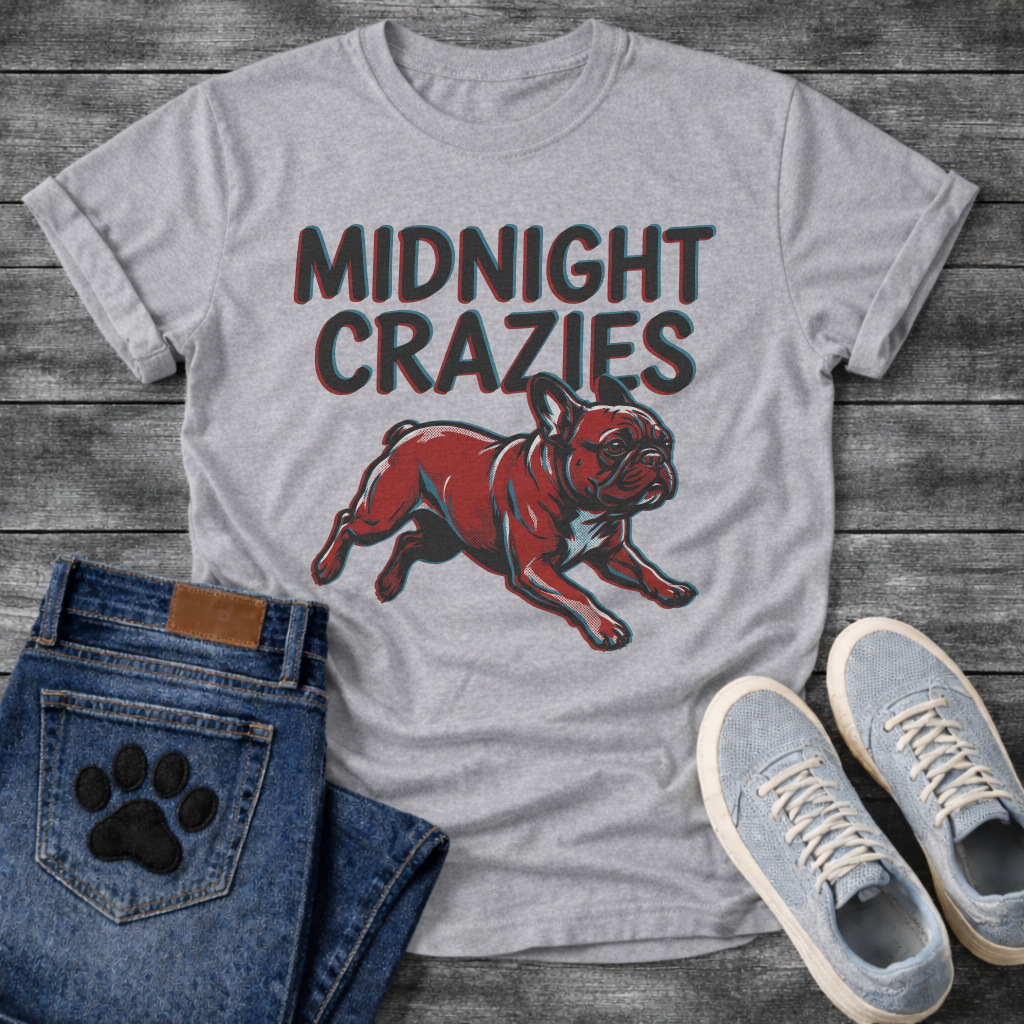 French Bulldog t-shirt with bold retro shadow typography reading Midnight Crazies above a halftone Frenchie running at full speed in deep red and slate blue, vintage circus style graphic

