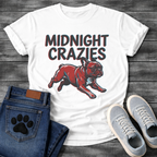 French Bulldog t-shirt with bold retro shadow typography reading Midnight Crazies above a halftone Frenchie running at full speed in deep red and slate blue, vintage circus style graphic
