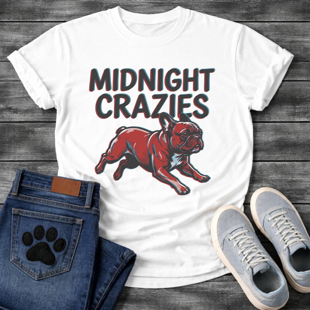 French Bulldog t-shirt with bold retro shadow typography reading Midnight Crazies above a halftone Frenchie running at full speed in deep red and slate blue, vintage circus style graphic
