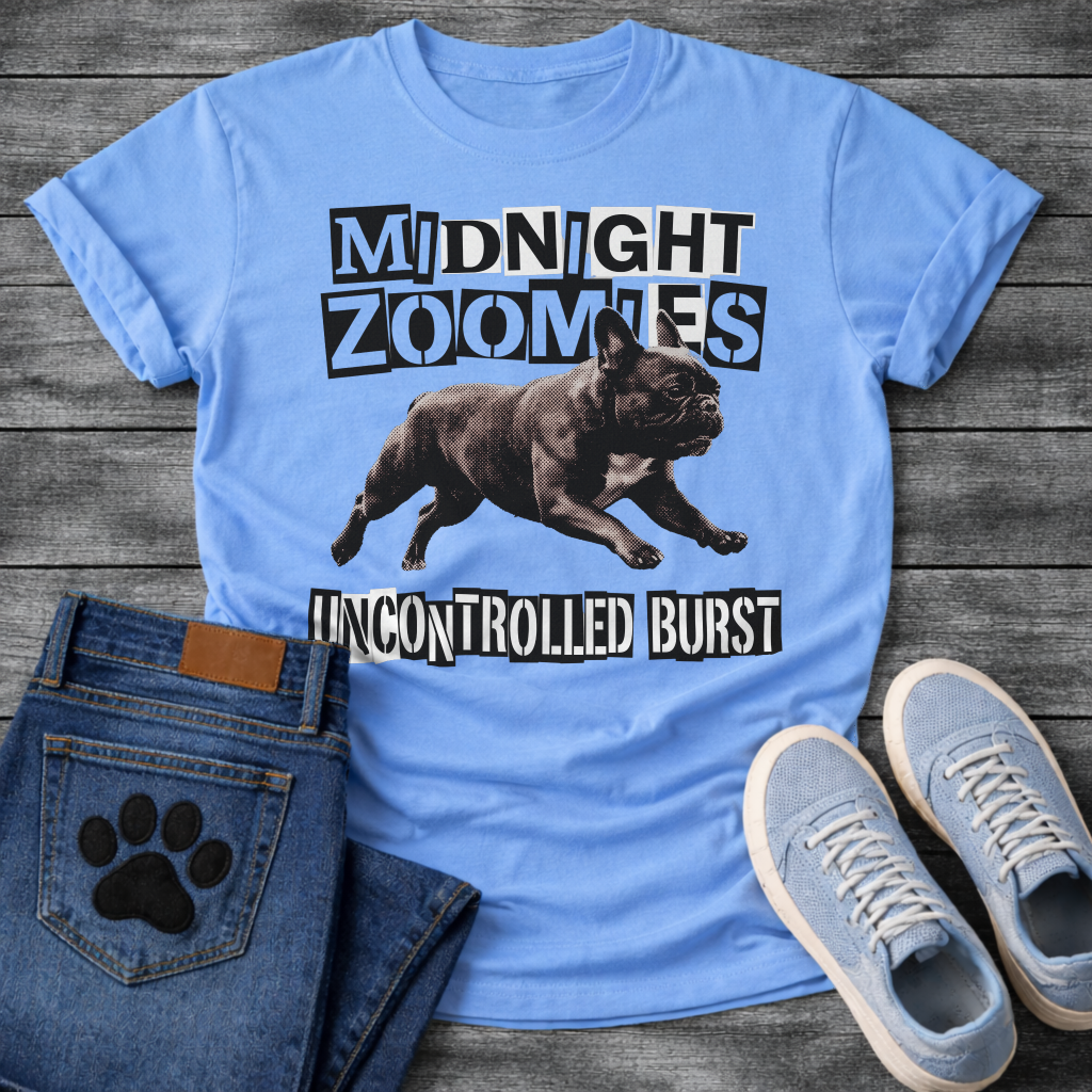 French Bulldog t-shirt with black and white ransom cut-out block typography reading Midnight Zoomies above a photorealistic halftone Frenchie running at full speed, bold ransom text below reading Uncontrolled Burst, high contrast punk graphic