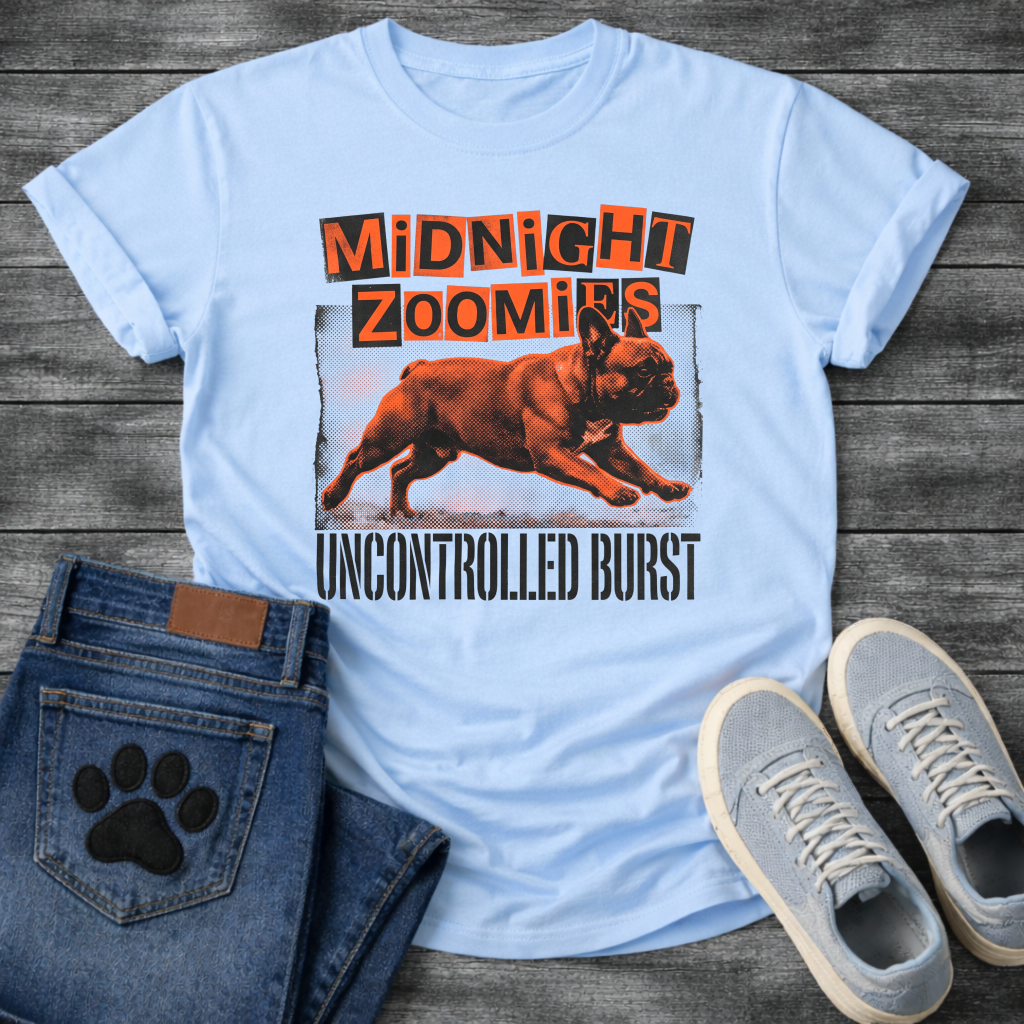 French Bulldog t-shirt with ransom note cut-out style bold text reading Midnight Zoomies above a halftone Frenchie running at full speed in orange and black, distressed block border framing the graphic, bold stencil text below reading Uncontrolled Burst