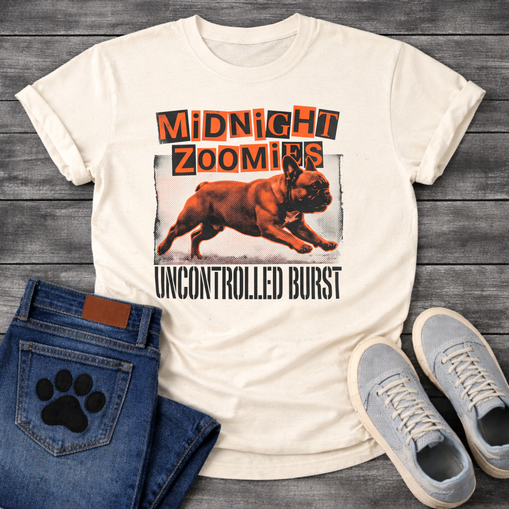 French Bulldog t-shirt with ransom note cut-out style bold text reading Midnight Zoomies above a halftone Frenchie running at full speed in orange and black, distressed block border framing the graphic, bold stencil text below reading Uncontrolled Burst