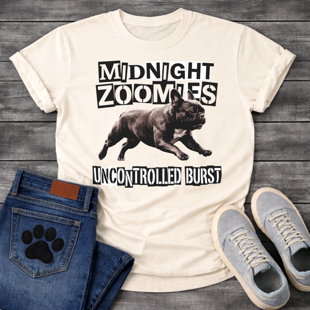 French Bulldog t-shirt with black and white ransom cut-out block typography reading Midnight Zoomies above a photorealistic halftone Frenchie running at full speed, bold ransom text below reading Uncontrolled Burst, high contrast punk graphic