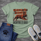 French Bulldog t-shirt with ransom note cut-out style bold text reading Midnight Zoomies above a halftone Frenchie running at full speed in orange and black, distressed block border framing the graphic, bold stencil text below reading Uncontrolled Burst