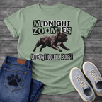French Bulldog t-shirt with black and white ransom cut-out block typography reading Midnight Zoomies above a photorealistic halftone Frenchie running at full speed, bold ransom text below reading Uncontrolled Burst, high contrast punk graphic