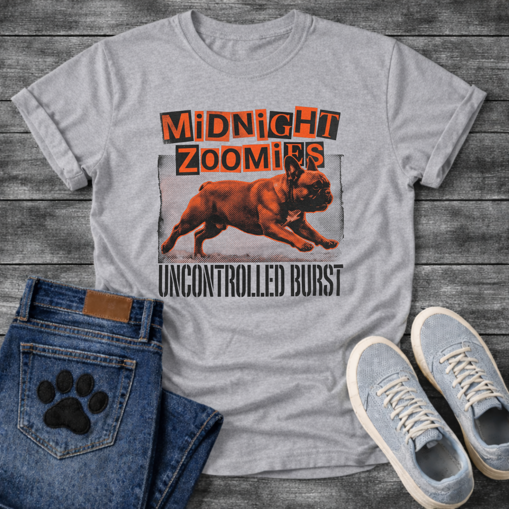 French Bulldog t-shirt with ransom note cut-out style bold text reading Midnight Zoomies above a halftone Frenchie running at full speed in orange and black, distressed block border framing the graphic, bold stencil text below reading Uncontrolled Burst