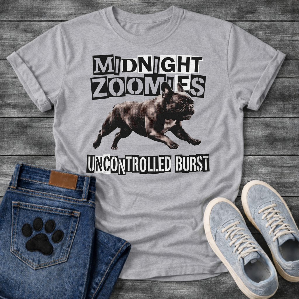 French Bulldog t-shirt with black and white ransom cut-out block typography reading Midnight Zoomies above a photorealistic halftone Frenchie running at full speed, bold ransom text below reading Uncontrolled Burst, high contrast punk graphic