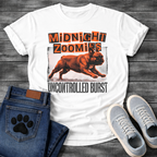 French Bulldog t-shirt with ransom note cut-out style bold text reading Midnight Zoomies above a halftone Frenchie running at full speed in orange and black, distressed block border framing the graphic, bold stencil text below reading Uncontrolled Burst