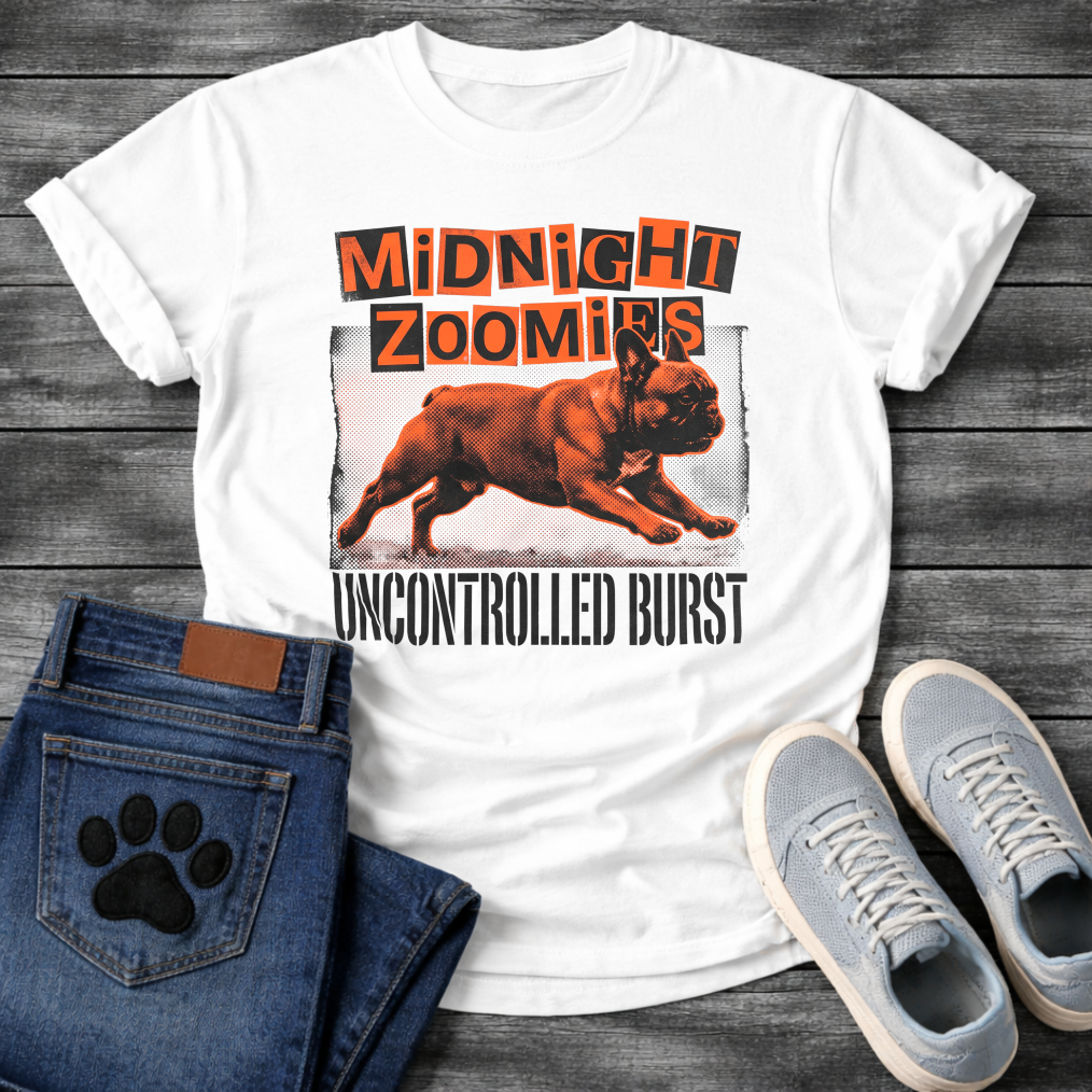 French Bulldog t-shirt with ransom note cut-out style bold text reading Midnight Zoomies above a halftone Frenchie running at full speed in orange and black, distressed block border framing the graphic, bold stencil text below reading Uncontrolled Burst