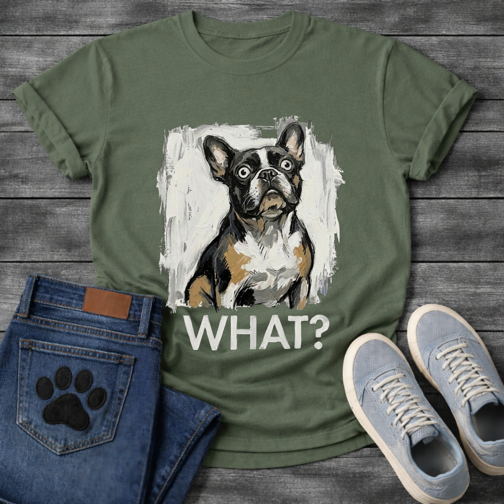 French Bulldog painterly graphic tee with bold WHAT text
