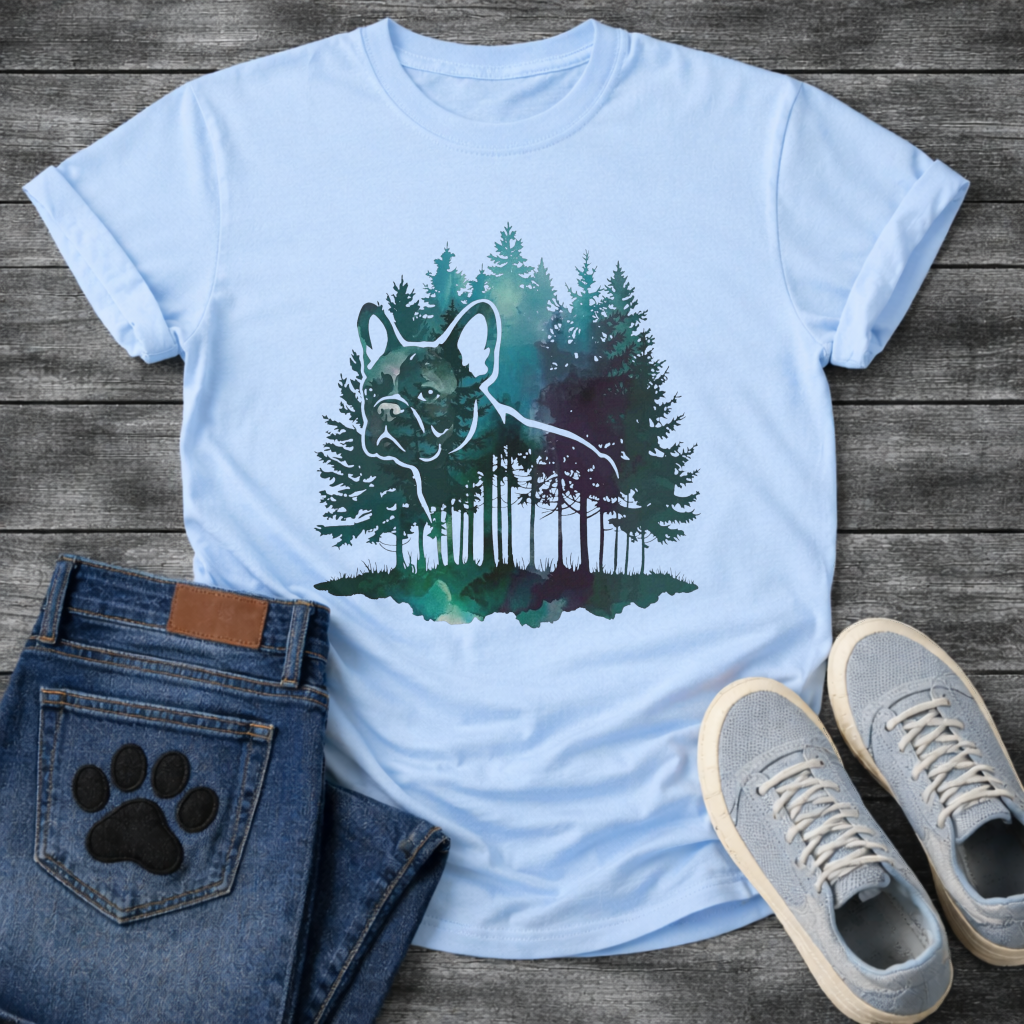 Frenchie watercolor double exposure misty forest t-shirt sage teal purple pet lover apparel
