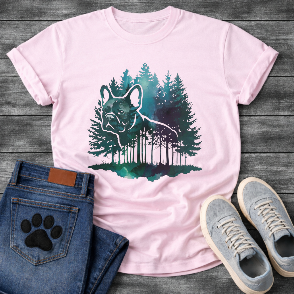 Frenchie watercolor double exposure misty forest t-shirt sage teal purple pet lover apparel
