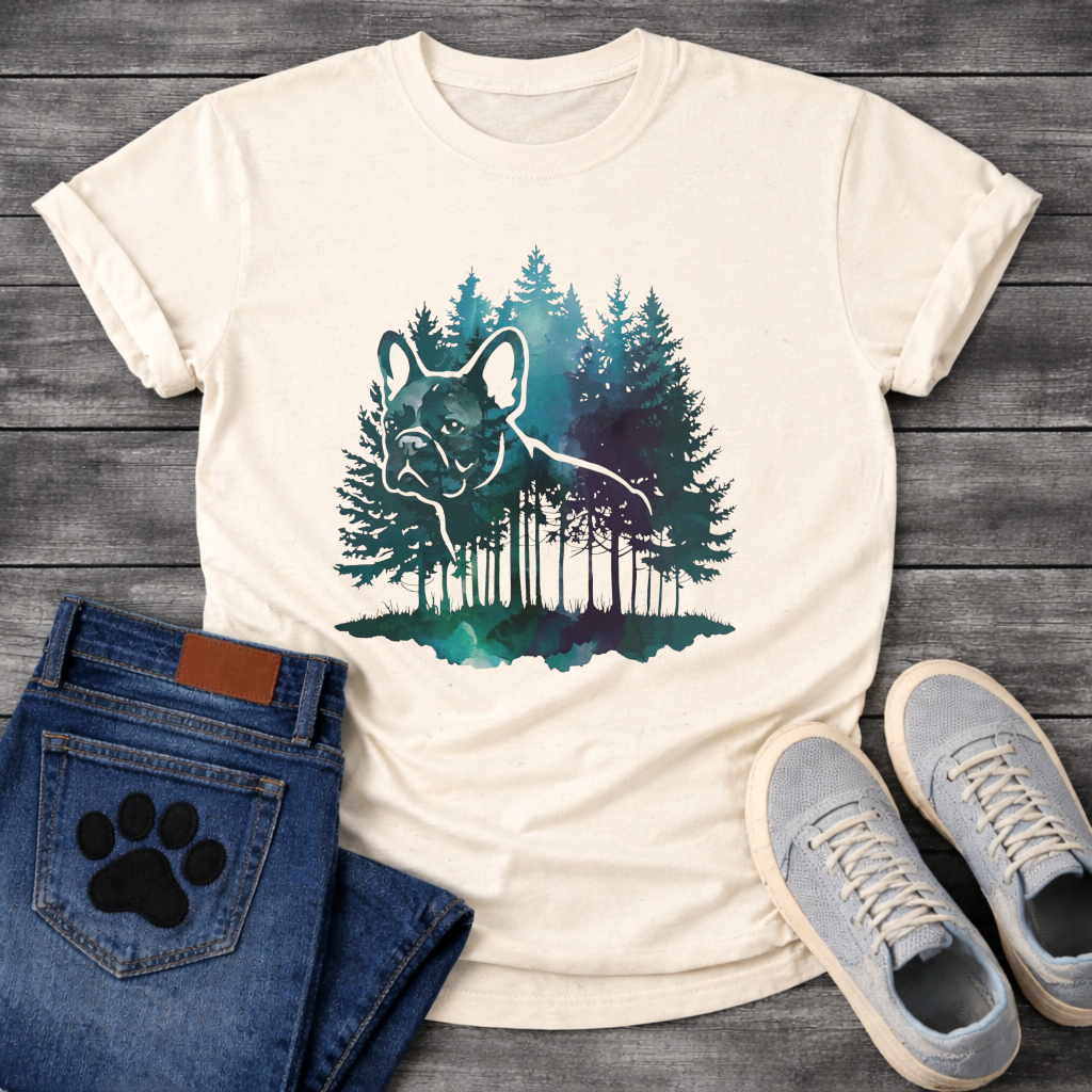 Frenchie watercolor double exposure misty forest t-shirt sage teal purple pet lover apparel
