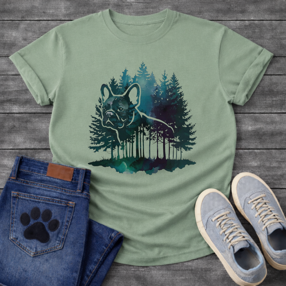 Frenchie watercolor double exposure misty forest t-shirt sage teal purple pet lover apparel
