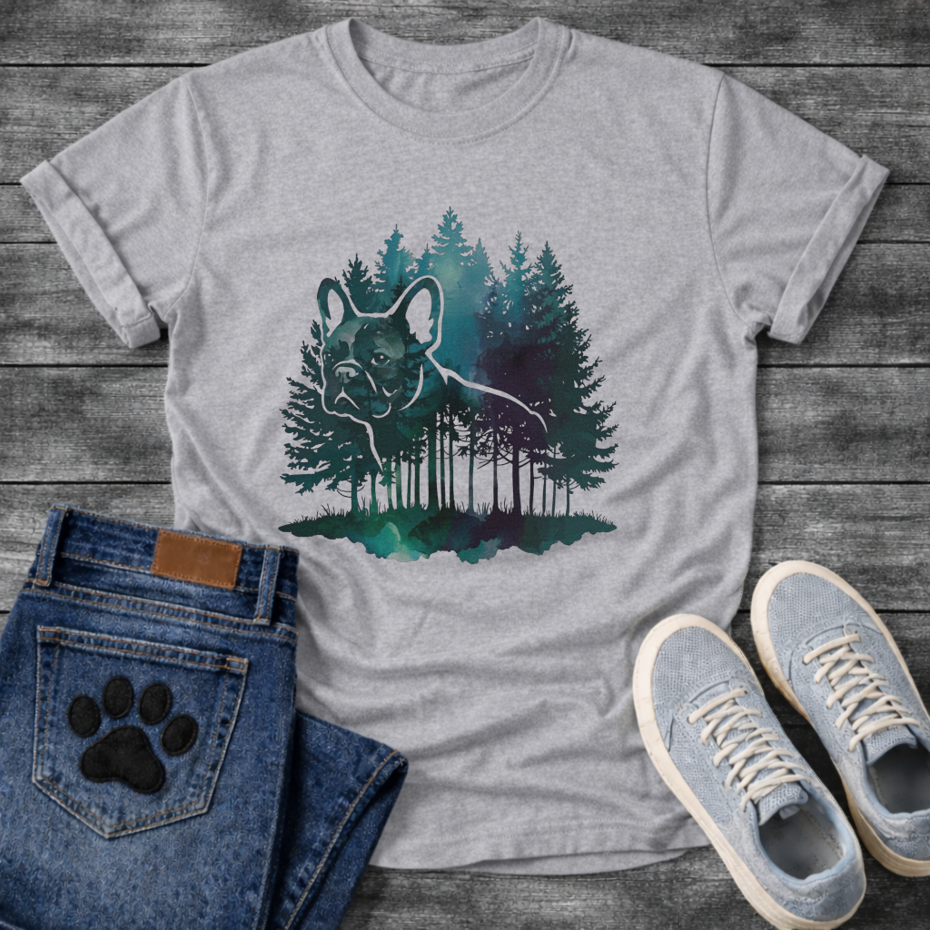 Frenchie watercolor double exposure misty forest t-shirt sage teal purple pet lover apparel
