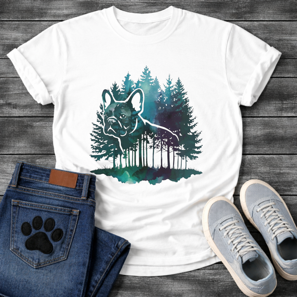 Frenchie watercolor double exposure misty forest t-shirt sage teal purple pet lover apparel
