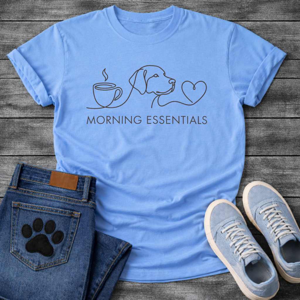 Minimalist morning essentials dog shirt with coffee cup dog and heart design