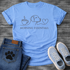 Minimalist morning essentials dog shirt with coffee cup dog and heart design