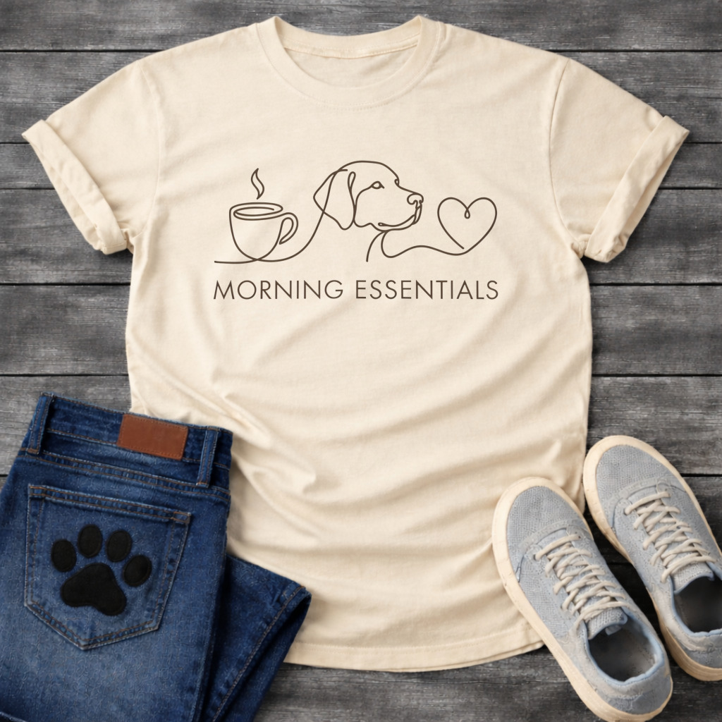 Minimalist morning essentials dog shirt with coffee cup dog and heart design