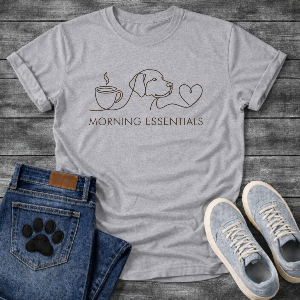 Minimalist morning essentials dog shirt with coffee cup dog and heart design
