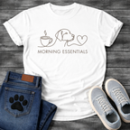 Minimalist morning essentials dog shirt with coffee cup dog and heart design