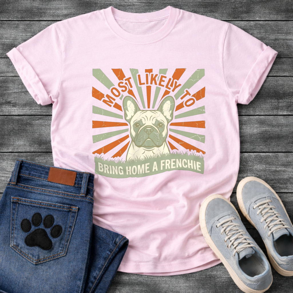 Most Likely To Bring Home A Frenchie vintage sunburst t-shirt white funny French Bulldog shirt