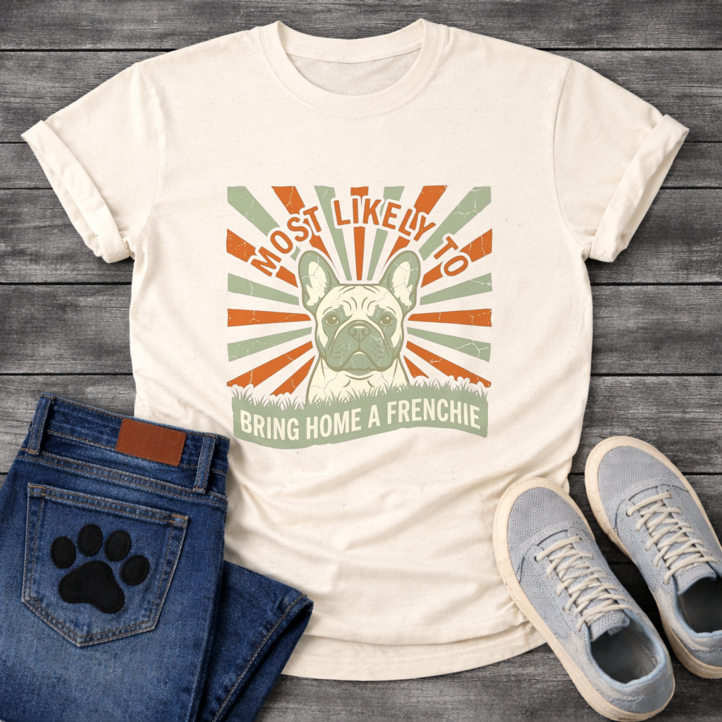 Most Likely To Bring Home A Frenchie vintage sunburst t-shirt white funny French Bulldog shirt