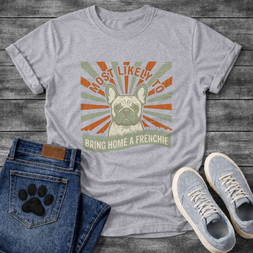Most Likely To Bring Home A Frenchie vintage sunburst t-shirt white funny French Bulldog shirt
