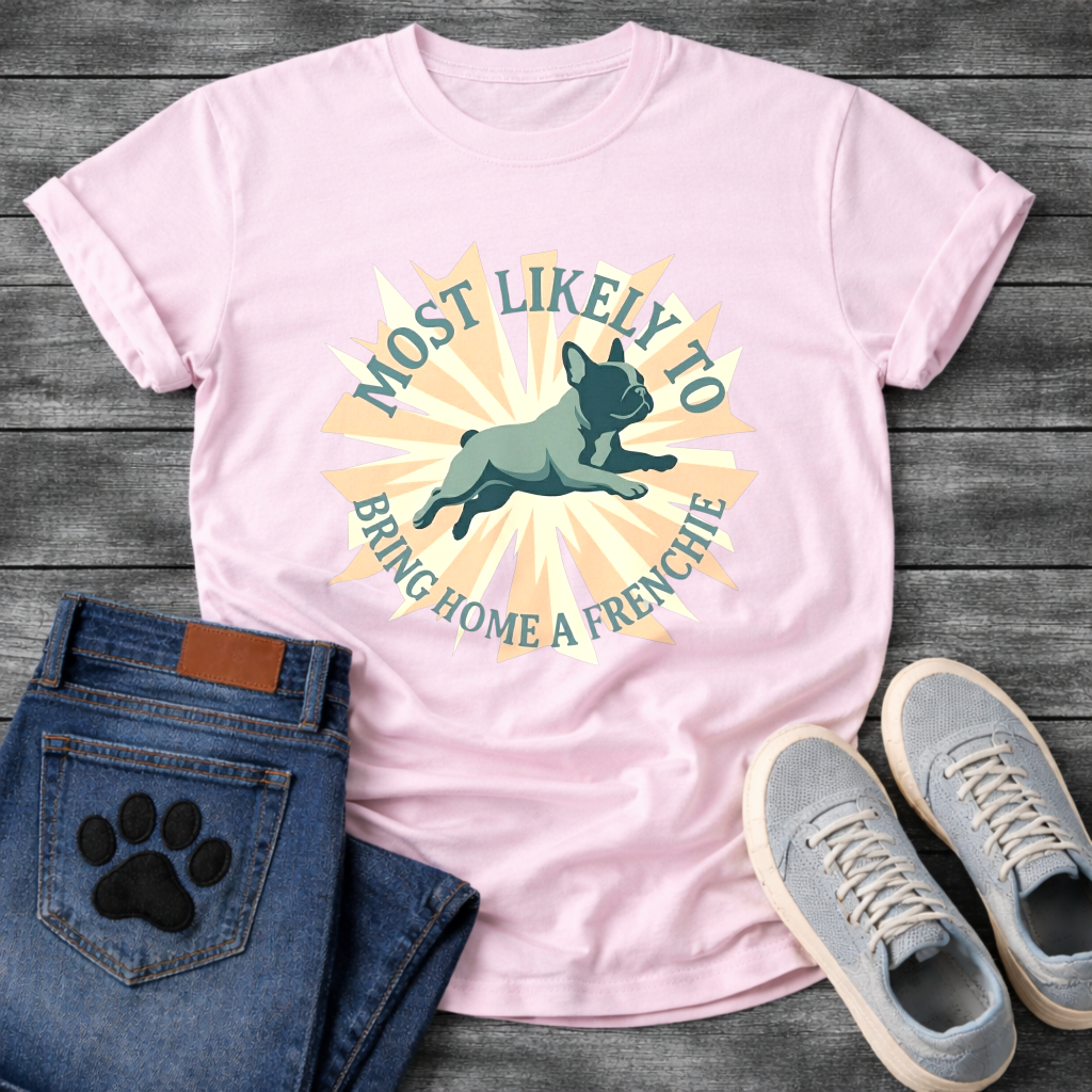 Most Likely To Bring Home A Frenchie leaping starburst t-shirt sport grey funny dog shirt
