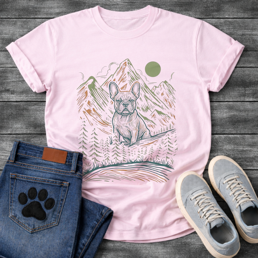 French Bulldog mountain line art sketch graphic dog shirt unisex tee