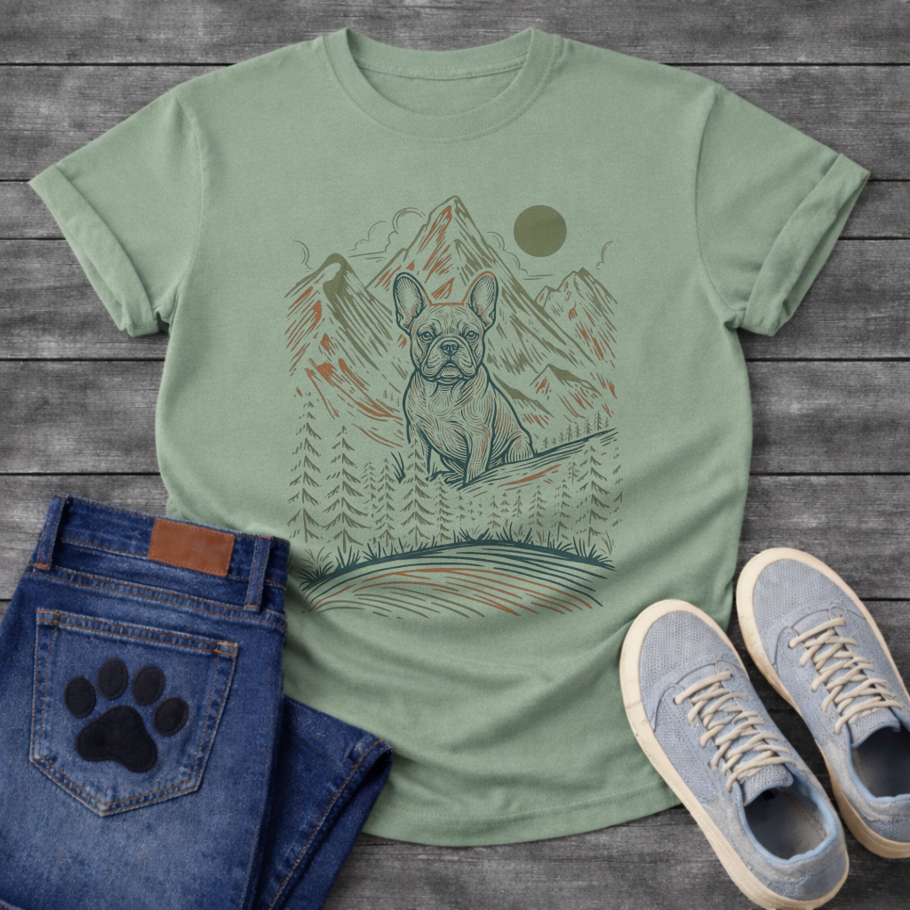 French Bulldog mountain line art sketch graphic dog shirt unisex tee