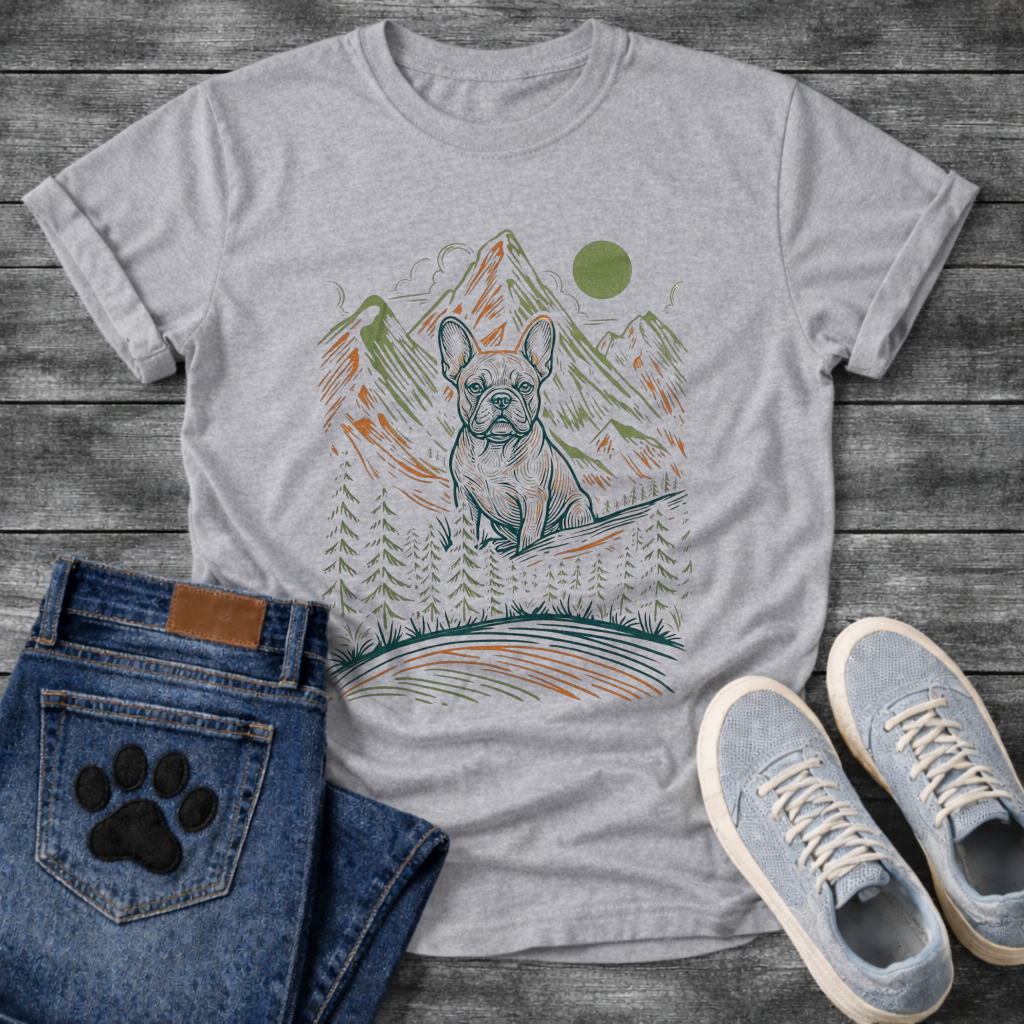 French Bulldog mountain line art sketch graphic dog shirt unisex tee