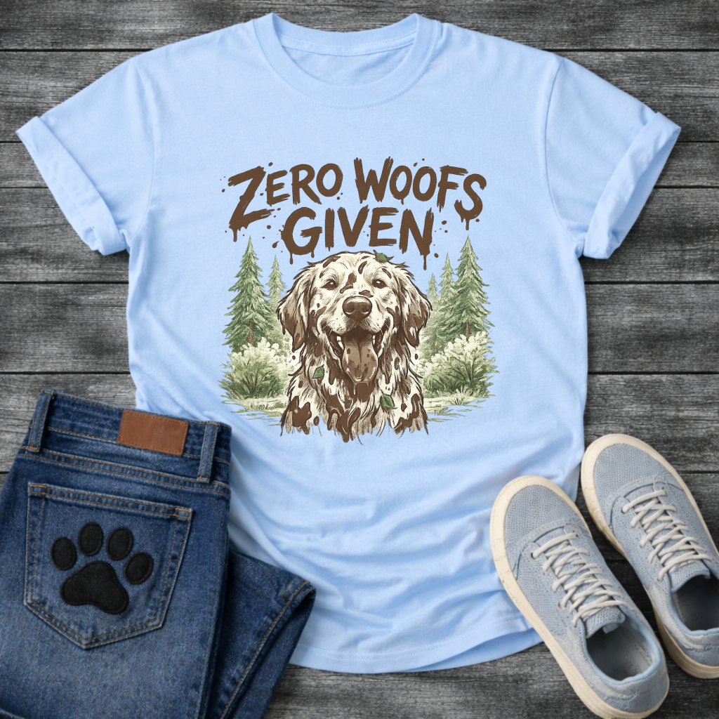 Zero woofs given rustic dog shirt with golden retriever and pine trees design
